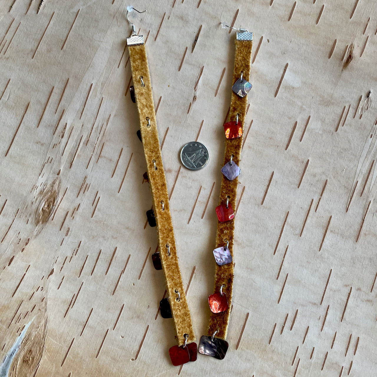 7 Row Shell and Moose Hide Dangler Earrings