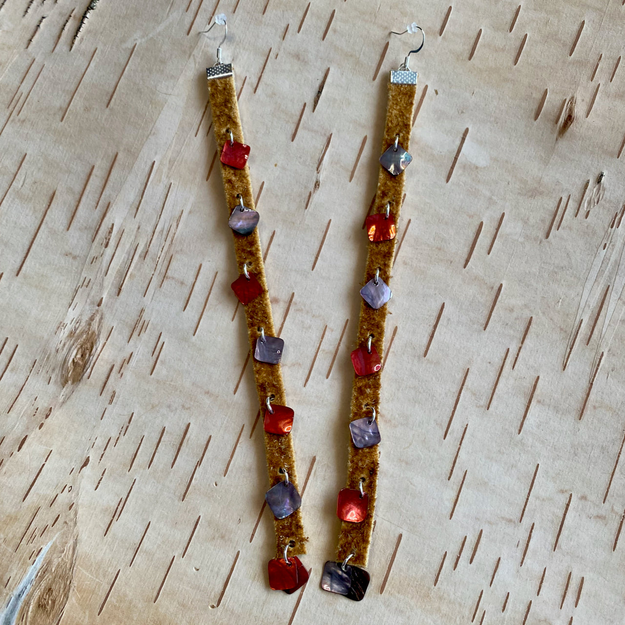 7 Row Shell and Moose Hide Dangler Earrings