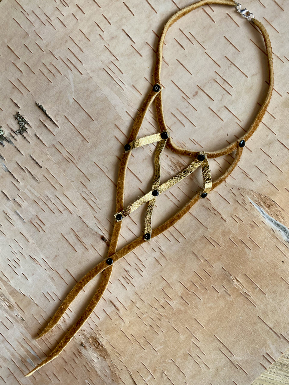 Statement Moose Hide V Choker - Gold Leather