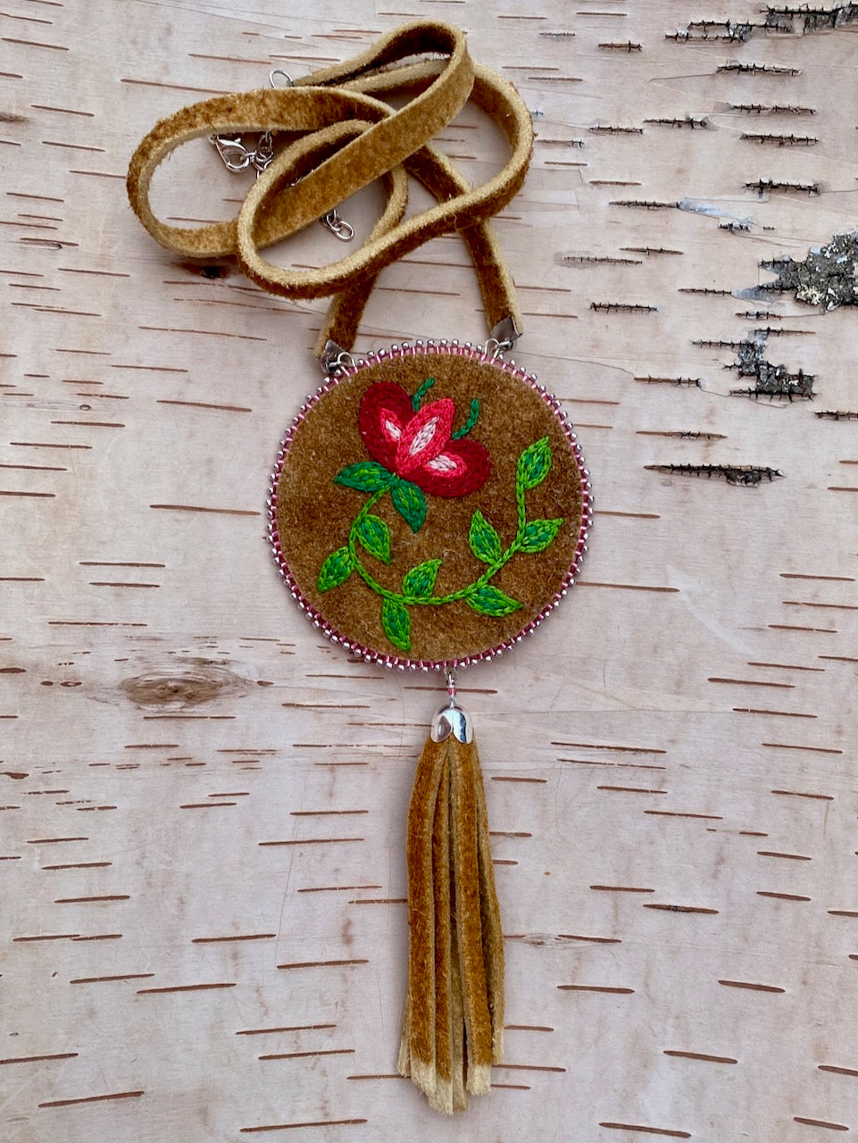 Embroidered Floral Medallion with Moose Hide Tassel
