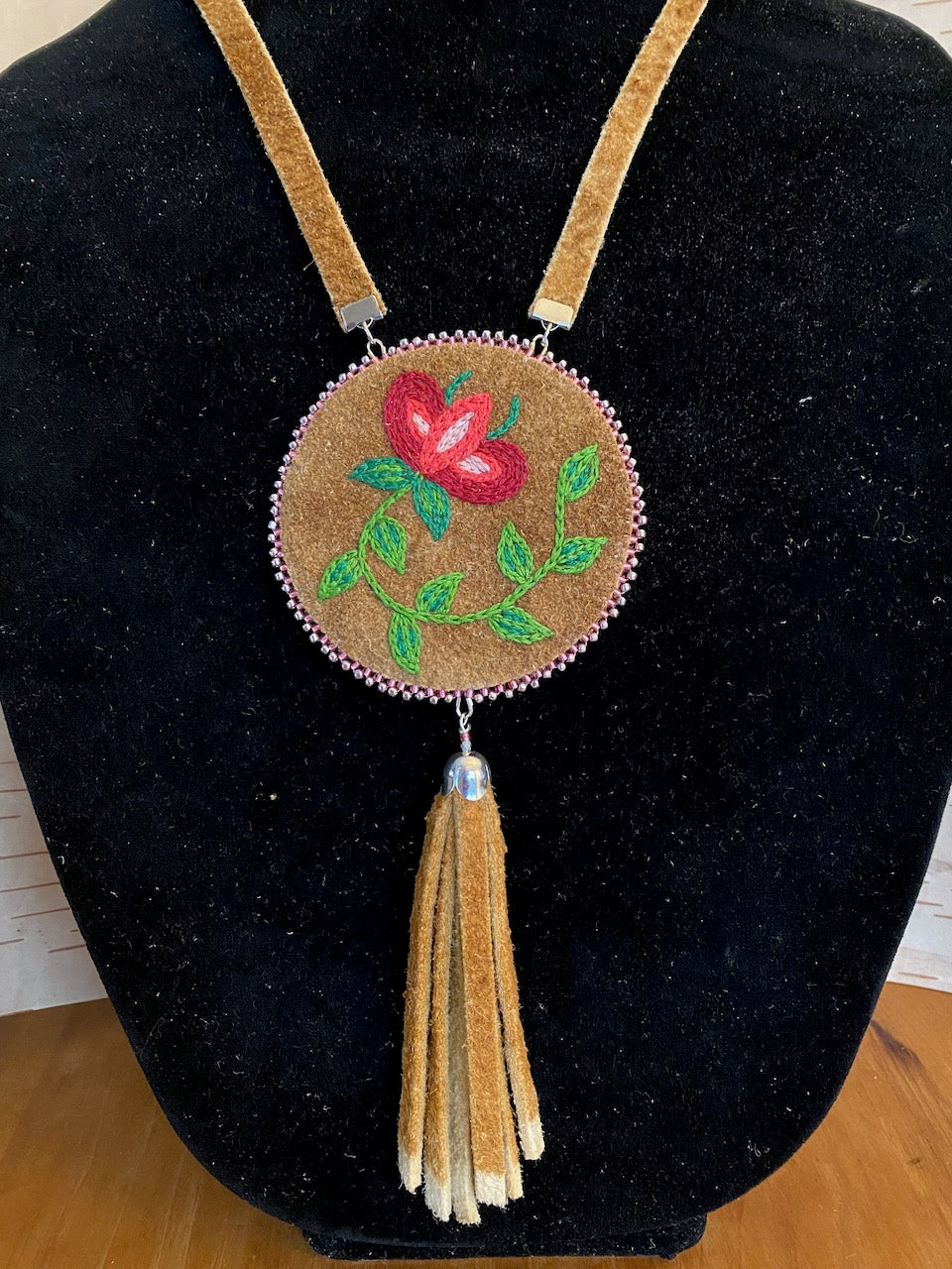 Embroidered Floral Medallion with Moose Hide Tassel