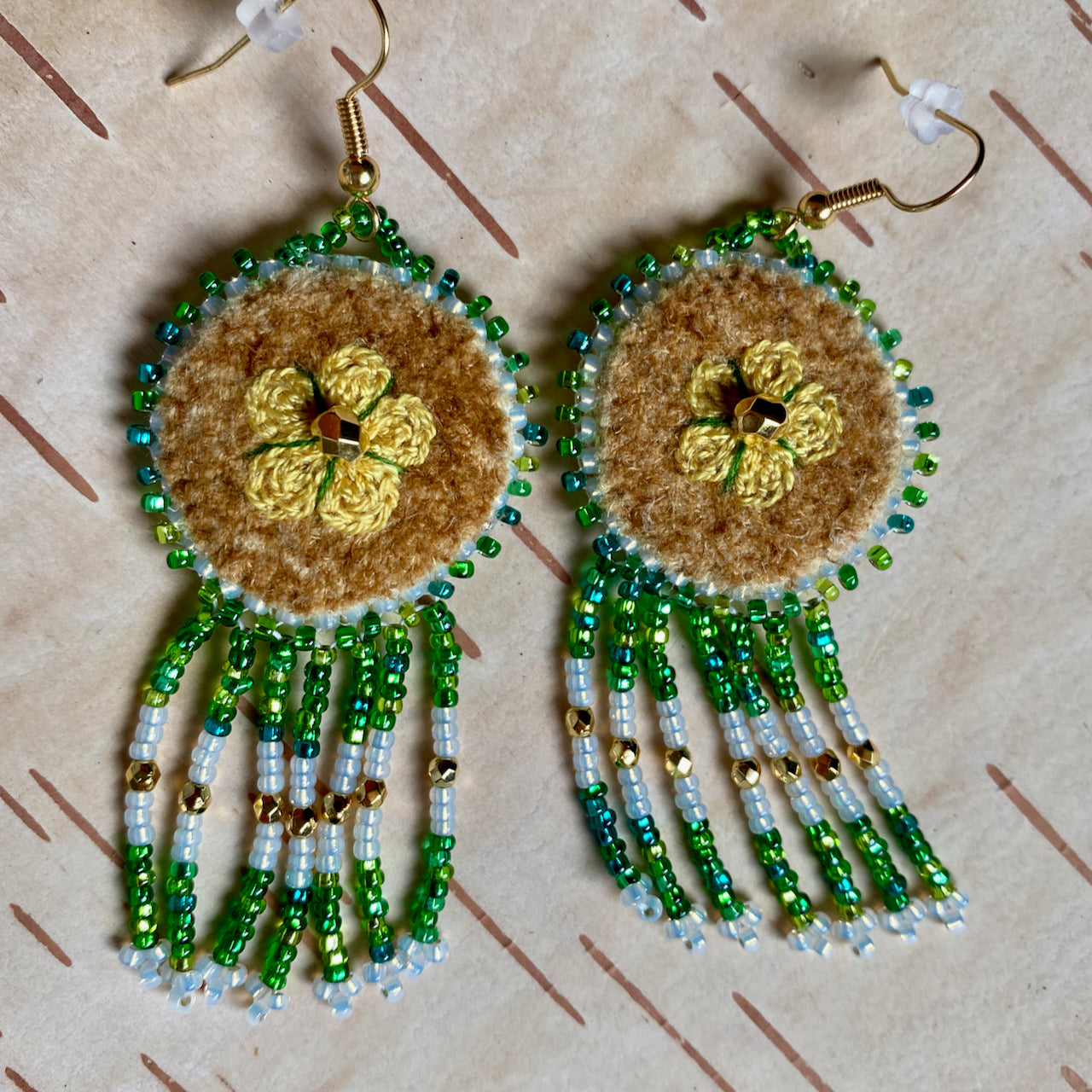 Embroidered Buttercup Earrings with Bead Fringe