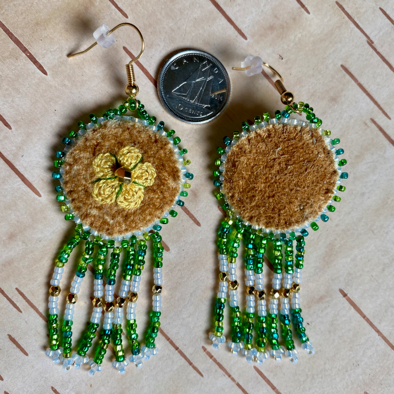 Embroidered Buttercup Earrings with Bead Fringe