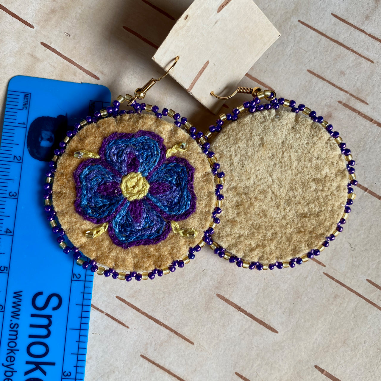 Embroidered Blue 4 Petal Flower Earrings