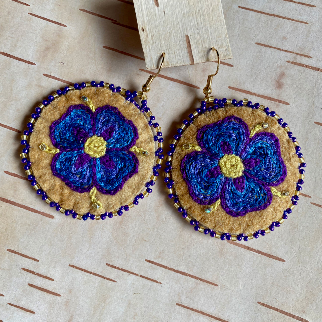 Embroidered Blue 4 Petal Flower Earrings