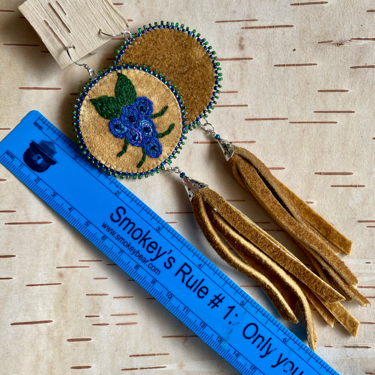 Embroidered Blue Grapes Earrings with Moosehide Tassels