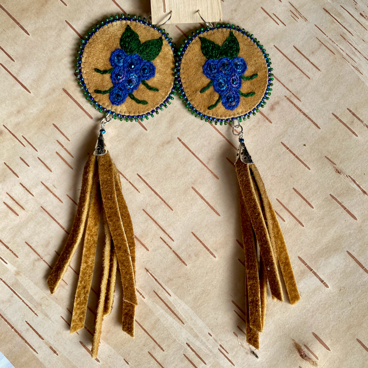 Embroidered Blue Grapes Earrings with Moosehide Tassels