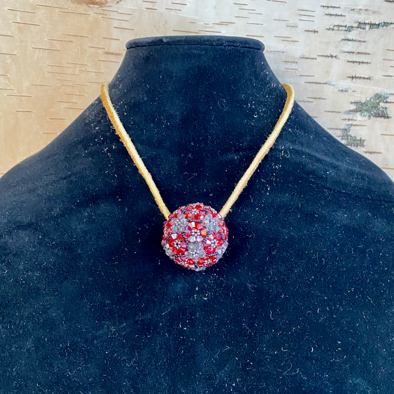Beaded Red and Grey Ball on Narrow Moose Hide Strand