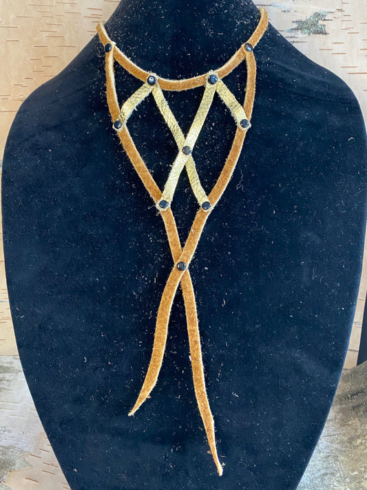 Statement Moose Hide V Choker - Gold Leather