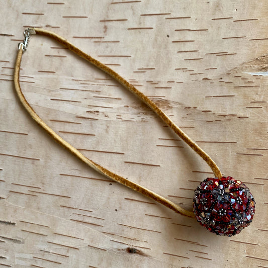 Beaded Red and Grey Ball on Narrow Moose Hide Strand