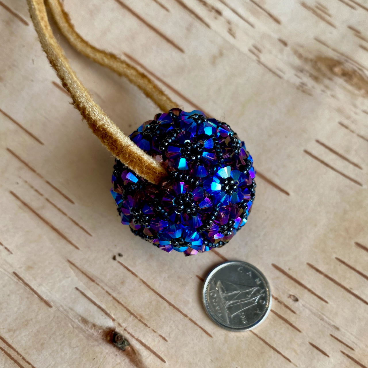 Beaded Purple and Blue Ball on Narrow Moose Hide Strand