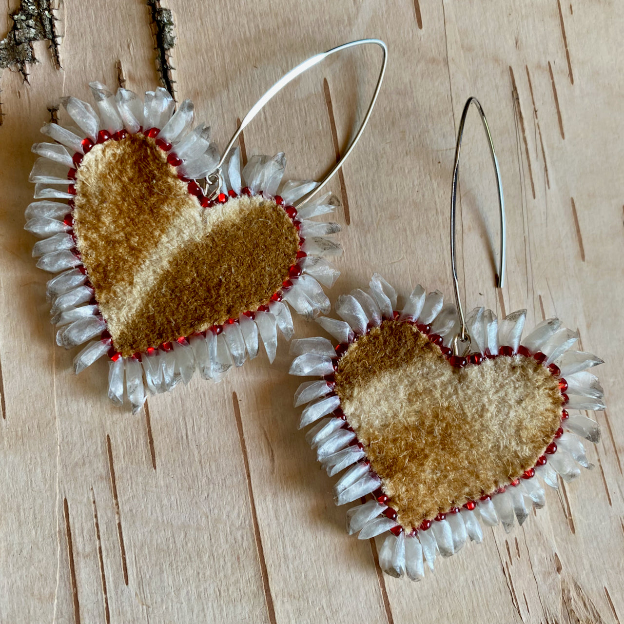 Heart Moose Hide Earrings with Red Bead and Fish Scale Edging