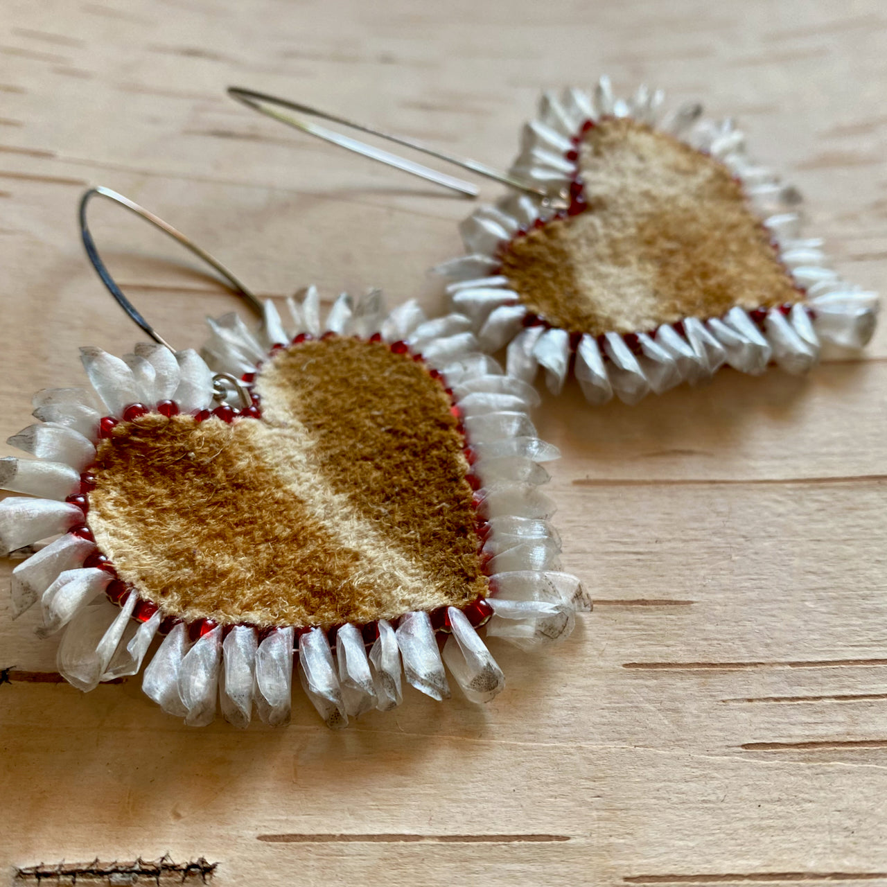 Heart Moose Hide Earrings with Red Bead and Fish Scale Edging