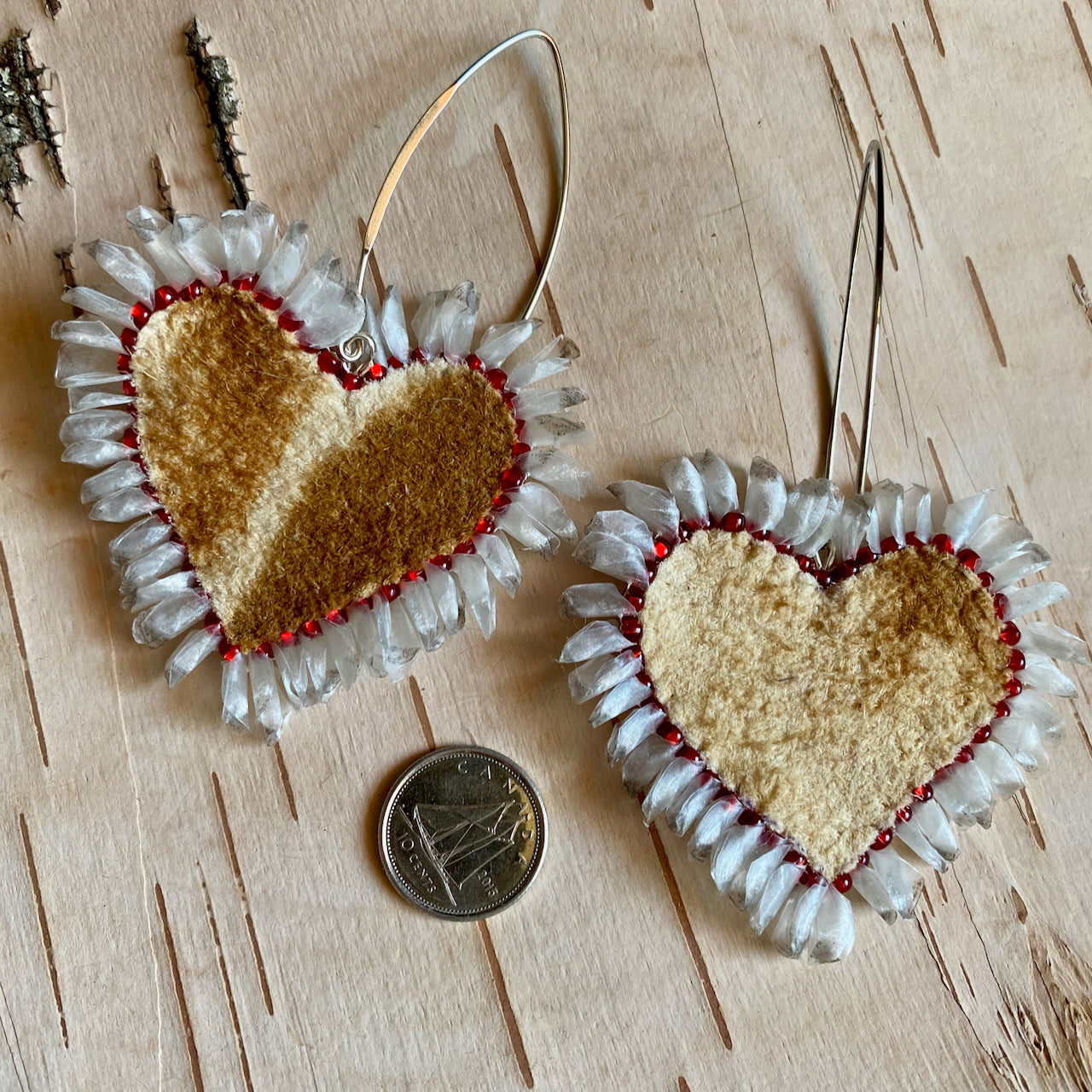 Heart Moose Hide Earrings with Red Bead and Fish Scale Edging