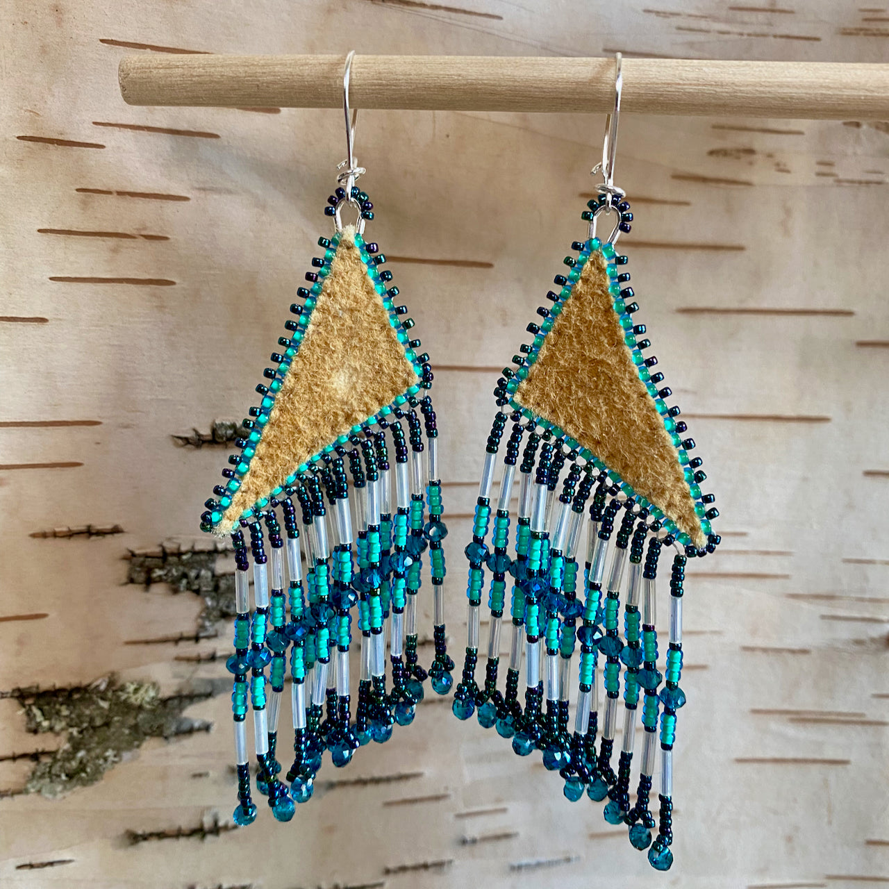 Moose Hide Wide Triangle Earrings with Beaded Fringe