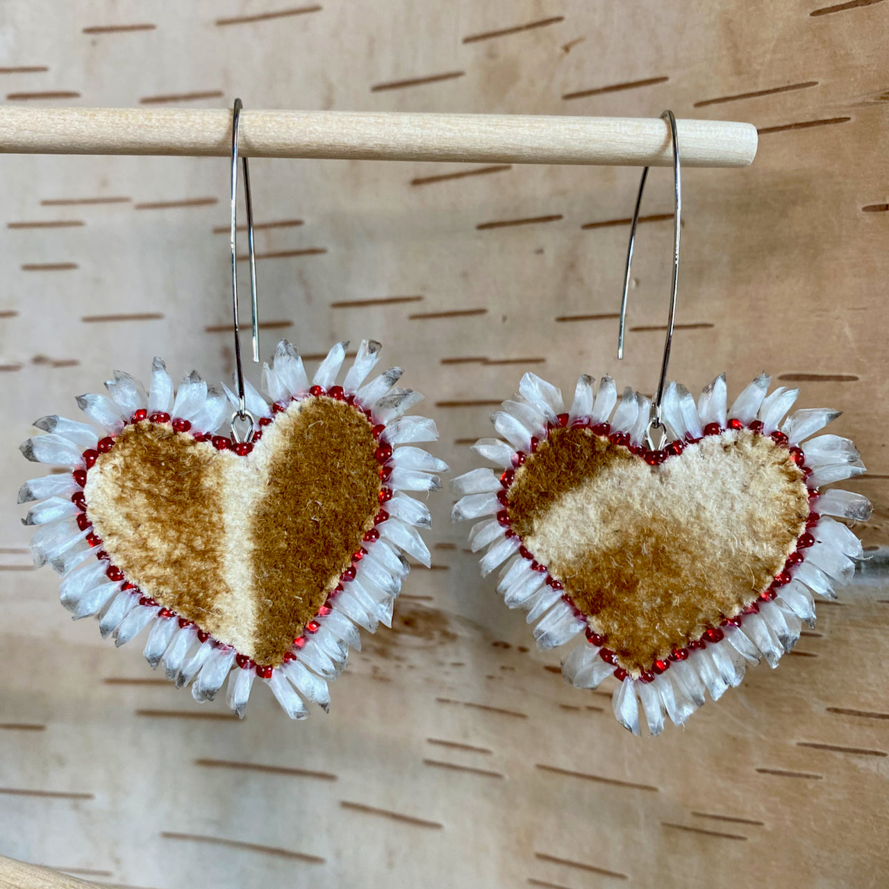 Heart Moose Hide Earrings with Red Bead and Fish Scale Edging