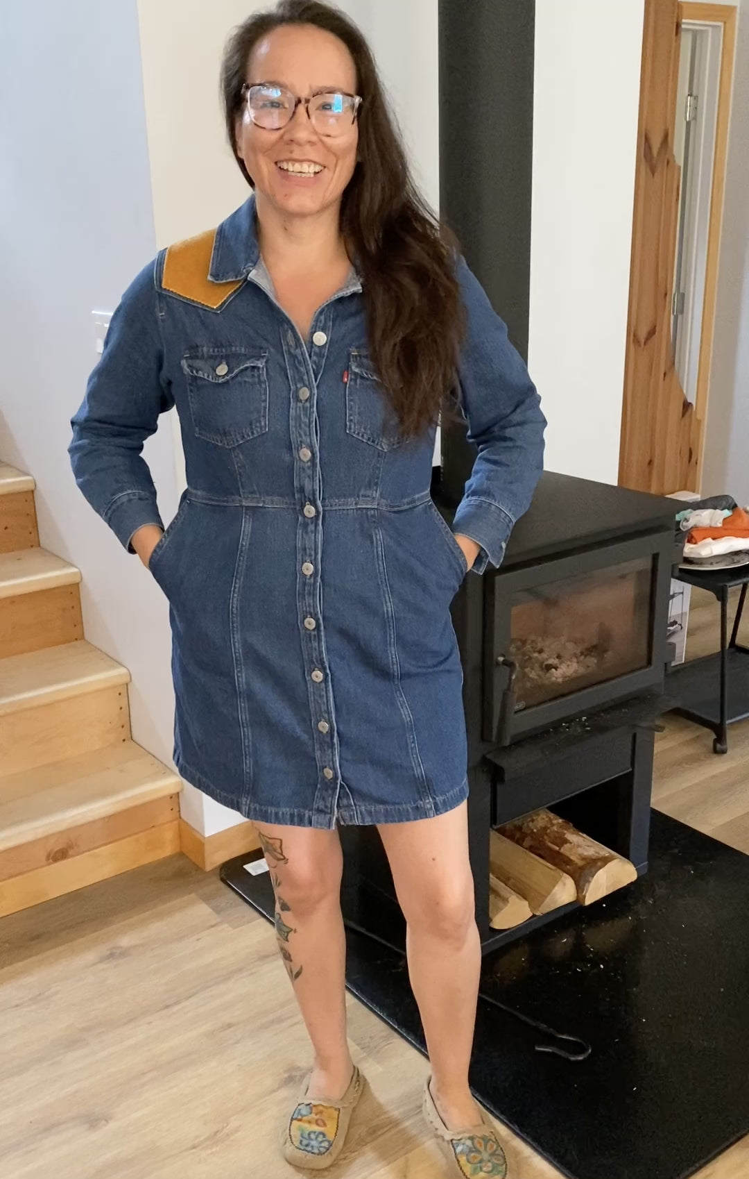 Levi Dress embellished with Smoked Moose Hide Shoulders – Kanina Terry