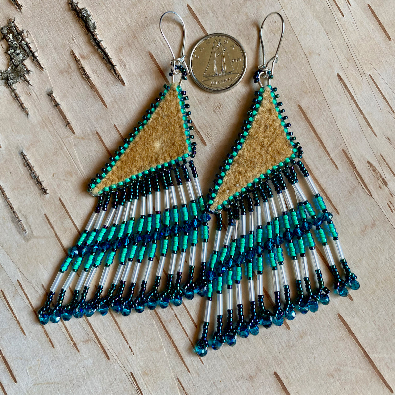 Moose Hide Wide Triangle Earrings with Beaded Fringe